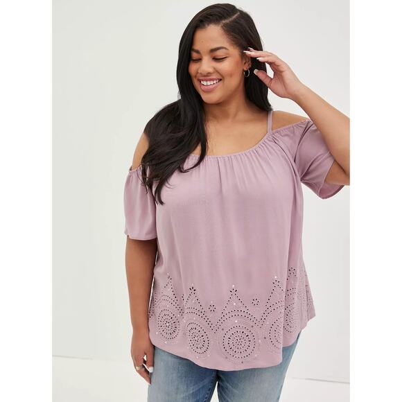 Torrid Womens Challis Eyelet Border Cold Shoulder Top Plus Size 3X Elderberry - Picture 1 of 12
